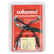 Selected 1978–1984 Porsche 930 Turbo front hose kit: Wilwood retail package displaying the two front brake hoses against a red backing card