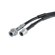 Selected 1978–1984 Porsche 930 Turbo front hose kit: Connection-end detail of black-covered Porsche Turbo front brake hoses