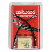 Early Porsche 911/911S rear brake hose set: Wilwood retail package displaying the two rear brake hoses against a red backing card