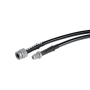 Early Porsche 911/911S rear brake hose set: Male and female silver hose fittings attached to black-covered rear brake lines