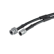 Wilwood Porsche 911/911S front replacement hose pair, connection detail showing two silver female unions and black protective sleeves
