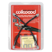 1969–1973 Porsche 911/911S rear flexlines: Wilwood retail package displaying the two rear brake hoses against a red backing card