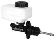 Wilwood compact banjo-outlet master with directly mounted white reservoir, black cap and vertical flange