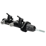 Wilwood black remote tandem cylinder showing two feed adapters, side outlets and projecting threaded pushrod
