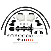 Wilwood black remote tandem master kit laid out with two reservoirs, hoses, brackets, fittings and bleeding tubes