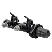 Wilwood black rodless remote tandem master with twin feed adapters and rubber rear boot