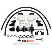 Wilwood black Mustang remote master kit with eyelet, two reservoirs, feed hoses and installation hardware