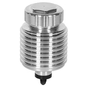 Wilwood finned aluminum reservoir shown with metal cap and male-threaded lower connection