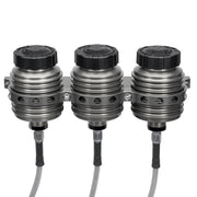 Wilwood installation example of three finned reservoirs on a common bracket with attached feed hoses