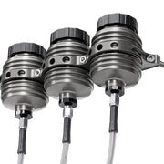 Wilwood underside installation view of three mounted reservoirs showing hose connections and common bracket
