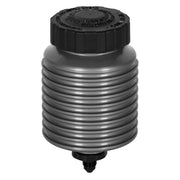 Wilwood dark cylindrical fluid reservoir with cooling fins, black cap and lower metal adapter