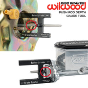 Wilwood measuring illustration showing the depth gauge checking a brake booster and a master cylinder