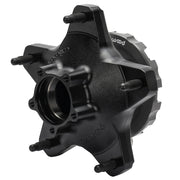 Wilwood black Starlite 55XD rear hub with dynamic lug-drive rotor plate, angled outer view