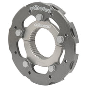 Wilwood XRZ split axle clamp bolted to the eight-lug rotor plate, viewed from the clamp side