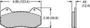 Wilwood Dynapro 6/6A Lug-Mount brake pad outline with face and thickness dimensions