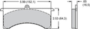 Wilwood AT6 Lug-Mount brake pad outline with face and thickness dimensions