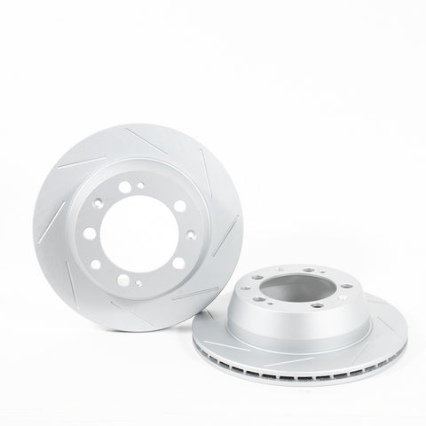 Rennline OE+ Front Brake Rotor Pair for Cayenne: Vented, slotted rotors with GEOMET coating for heat dissipation & rust resistance. Shop now at PMB Performance.