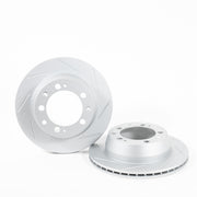 Rennline OE+ Rear Brake Rotor Pair for Cayenne: Vented, slotted rotors with GEOMET coating for improved heat dissipation & braking. Shop now at PMB Performance.