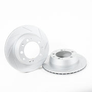 Rennline OE+ Front Brake Rotor Pair for Cayenne: Vented, slotted rotors with GEOMET coating for heat dissipation & rust resistance. Shop now at PMB Performance.