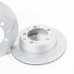 Rennline OE+ Rear Brake Rotor Pair for Cayenne: Vented, slotted rotors with GEOMET coating for heat dissipation & rust resistance. Shop now at PMB Performance.