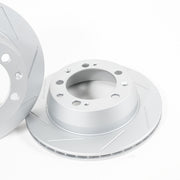 Rennline OE+ Rear Brake Rotor Pair for Cayenne: Vented, slotted rotors with GEOMET coating for heat dissipation & rust resistance. Shop now at PMB Performance.