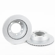 Rennline OE+ Rear Brake Rotor Pair for Cayenne: Vented, slotted rotors with GEOMET coating for heat dissipation & rust resistance. Shop now at PMB Performance.
