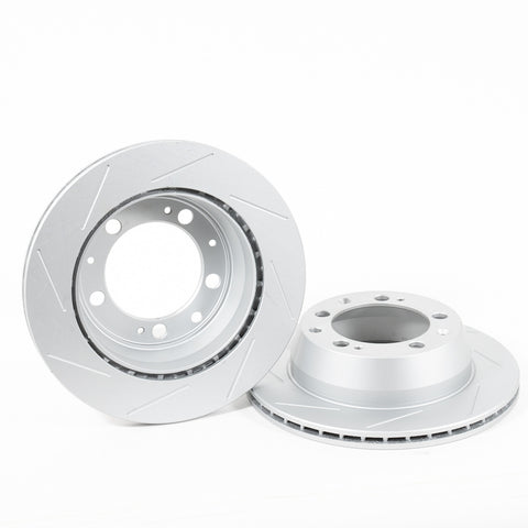 Rennline OE+ Rear Brake Rotor Pair for Cayenne: Vented, slotted rotors with GEOMET coating for improved heat dissipation & braking. Shop now at PMB Performance.