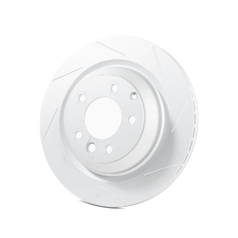 Rennline OE+ Left Rear Brake Rotor: Vented, slotted, and GEOMET-coated for improved braking, heat dissipation, & rust protection. Shop now at PMB Performance.