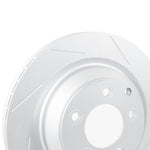 Rennline OE+ Left Rear Brake Rotor: Vented, slotted, and GEOMET-coated for quick heat dissipation, rust resistance, & performance. Shop now at PMB Performance.