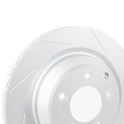 Rennline OE+ Left Front Brake Rotor: Vented, slotted, and GEOMET-coated for improved braking, heat dissipation, & rust prevention. Shop now at PMB Performance.