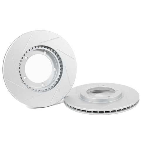 Rennline OE+ Rear Brake Rotors for Macan (2017-21): Vented, slotted rotors with GEOMET coating for heat dissipation. Shop now at PMB Performance.