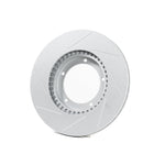 Rennline OE+ Right Front Brake Rotor for Macan: Vented, slotted rotors with GEOMET coating for better heat dissipation. shop now at PMB Performance.
