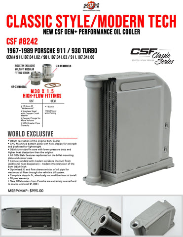CSF 8242 Oil Cooler, fits 65-89 911/930, 50mm core, boosts cooling 10%, drop-in, titanium finish, USA-made. Shop now at PMB Performance.