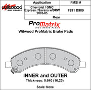 Wilwood ProMatrix rear brake pad inner and outer profile drawing for the D989 pattern