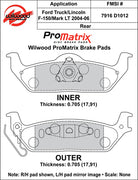 Wilwood D1012 rear pad-profile drawing with backing-plate dimensions