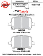 Wilwood ProMatrix front brake pad inner and outer profile drawing for the D1028 pattern