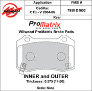 Wilwood D1053 pad-profile drawing with backing-plate dimensions