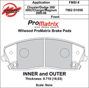 Wilwood ProMatrix front brake pad inner and outer profile drawing for the D1056 pattern