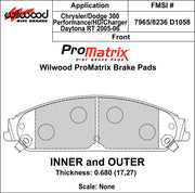 Wilwood ProMatrix front brake pad inner and outer profile drawing for the D1058 pattern