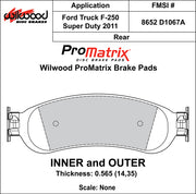 Wilwood ProMatrix rear brake pad inner and outer profile drawing for the D1067A pattern