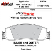 Wilwood ProMatrix front brake pad inner and outer profile drawing for the D1069B pattern