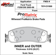 Wilwood ProMatrix front brake pad inner and outer profile drawing for the D1069 pattern