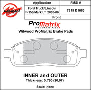 Wilwood ProMatrix front brake pad inner and outer profile drawing for the D1083 pattern