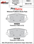 Wilwood ProMatrix rear brake pad inner and outer profile drawing for the D1180 pattern