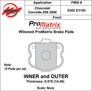 Wilwood ProMatrix front brake pad inner and outer profile drawing for the D1185 pattern