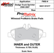 Wilwood ProMatrix rear brake pad inner and outer profile drawing for the D1317 pattern