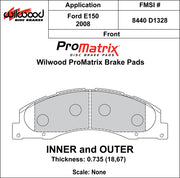 Wilwood ProMatrix front brake pad inner and outer profile drawing for the D1328 pattern
