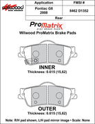 Wilwood ProMatrix rear brake pad inner and outer profile drawing for the D1352 pattern