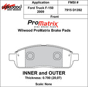 Wilwood ProMatrix front brake pad inner and outer profile drawing for the D1392 pattern