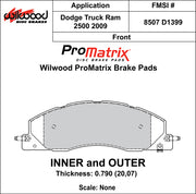 Wilwood D1399 pad-profile drawing with backing-plate dimensions